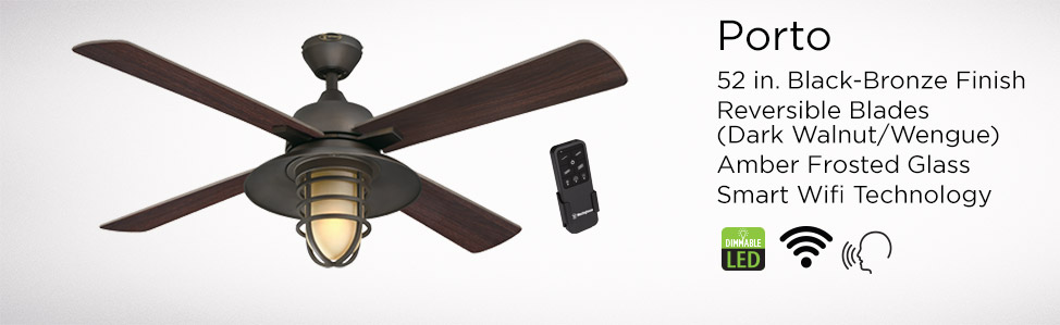 Porto 52 in. Black-Bronze Finish Reversible Blades (Dark Walnut/Wengue) Amber Frosted Glass Smart WiFi Technology